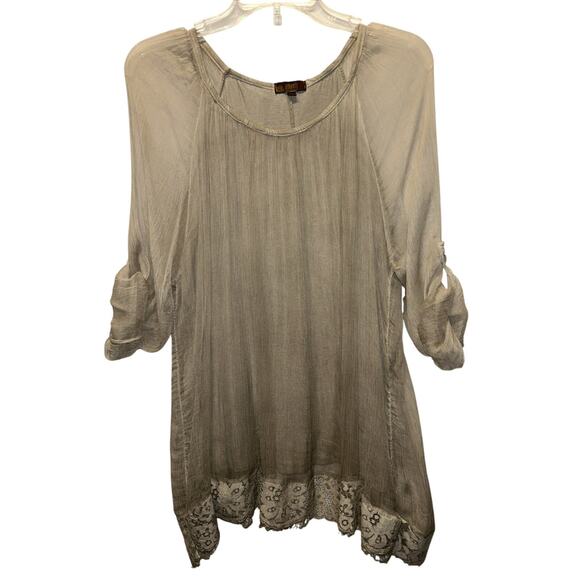 AMANTI Silk Chiffon Taupe blouse Women’s Small Lace Italy Lagenlook Quiet Luxury - Picture 1 of 15
